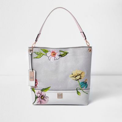 Grey floral embroidered slouch bag